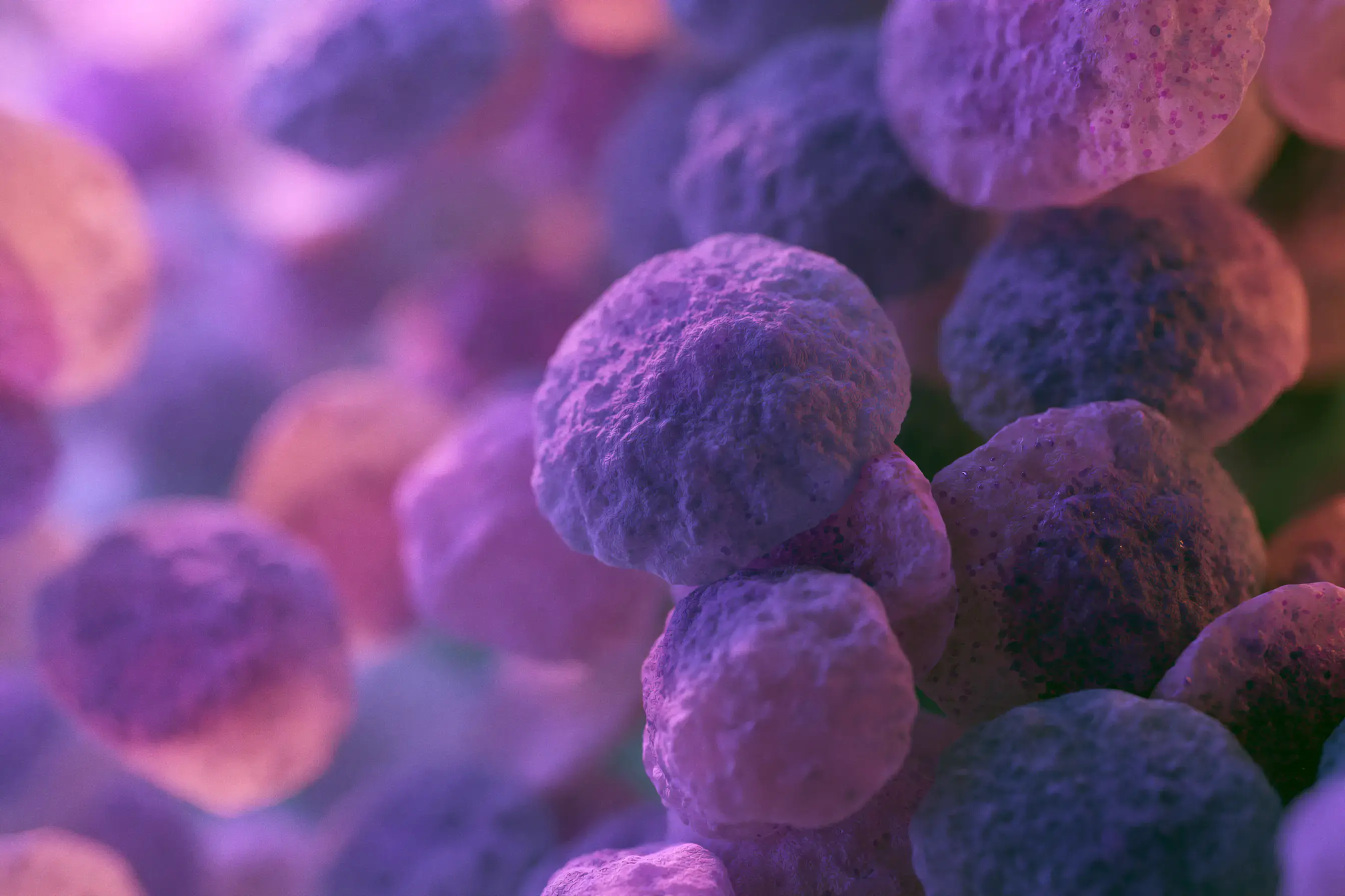 Clustered cells viewed under the microscope during cancer marker analysis.