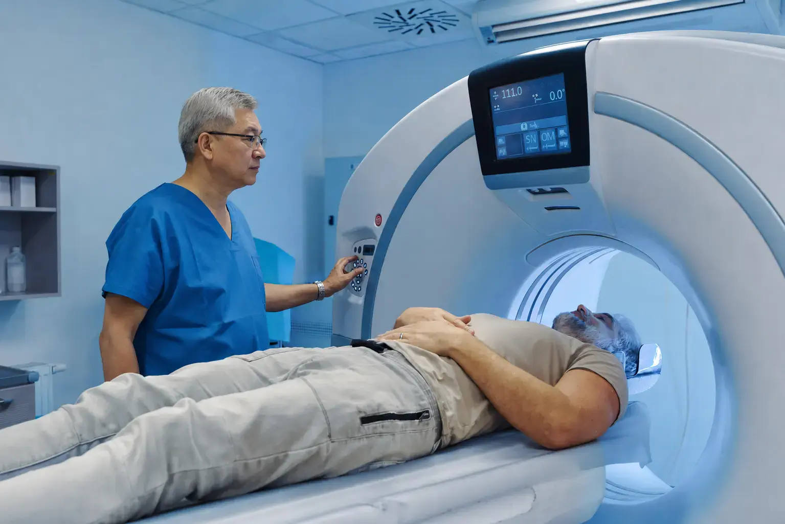 A patient entering the scanner with a radiographer alongside.