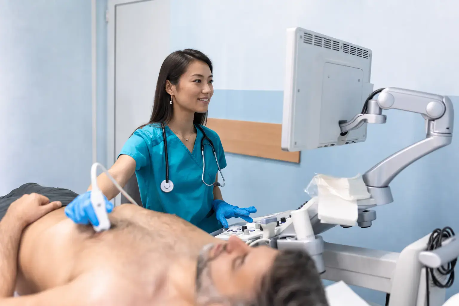 An echocardiogram being performed to assess the heart and vessels.