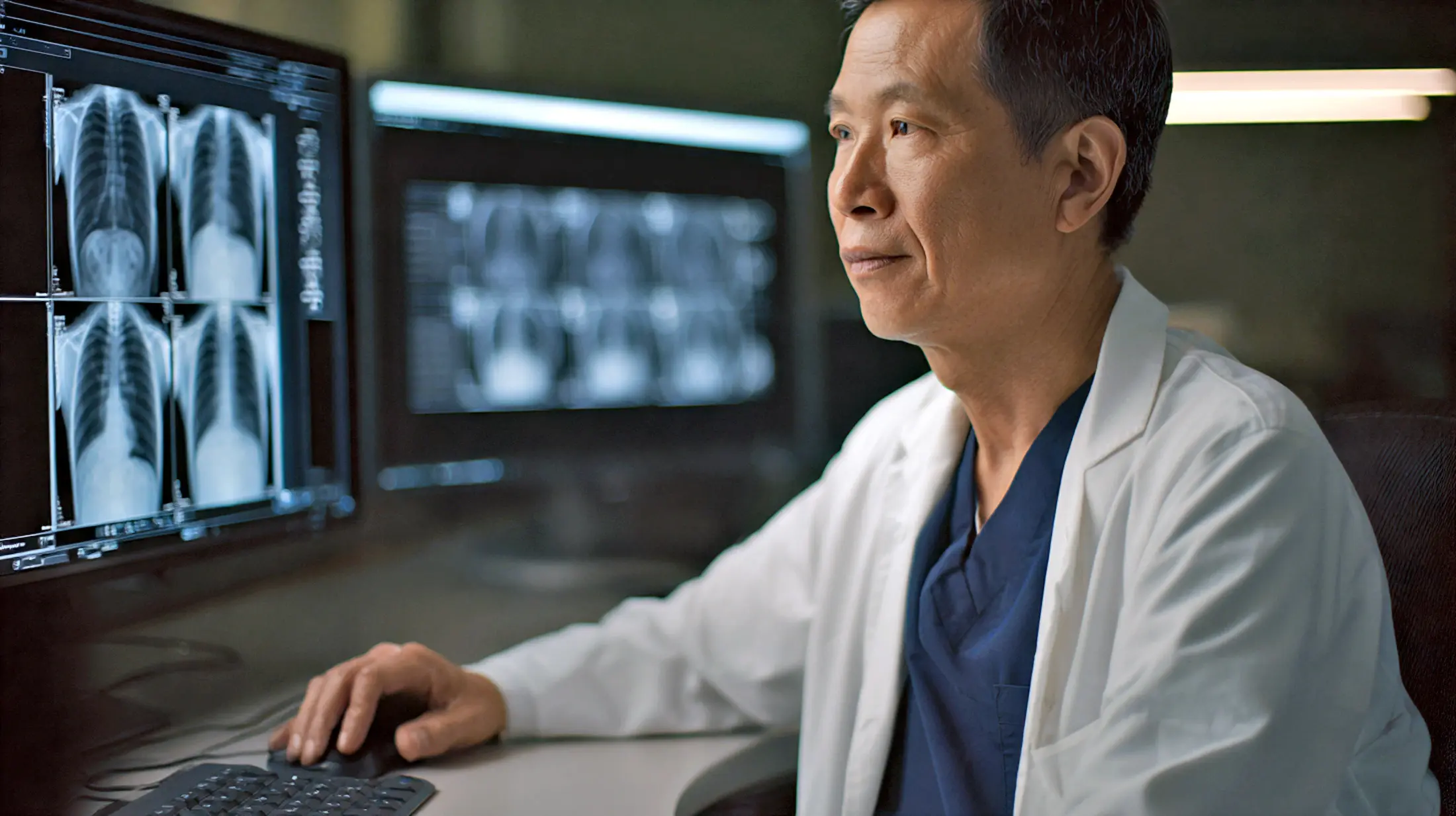 A radiologist reviewing scans on screen.