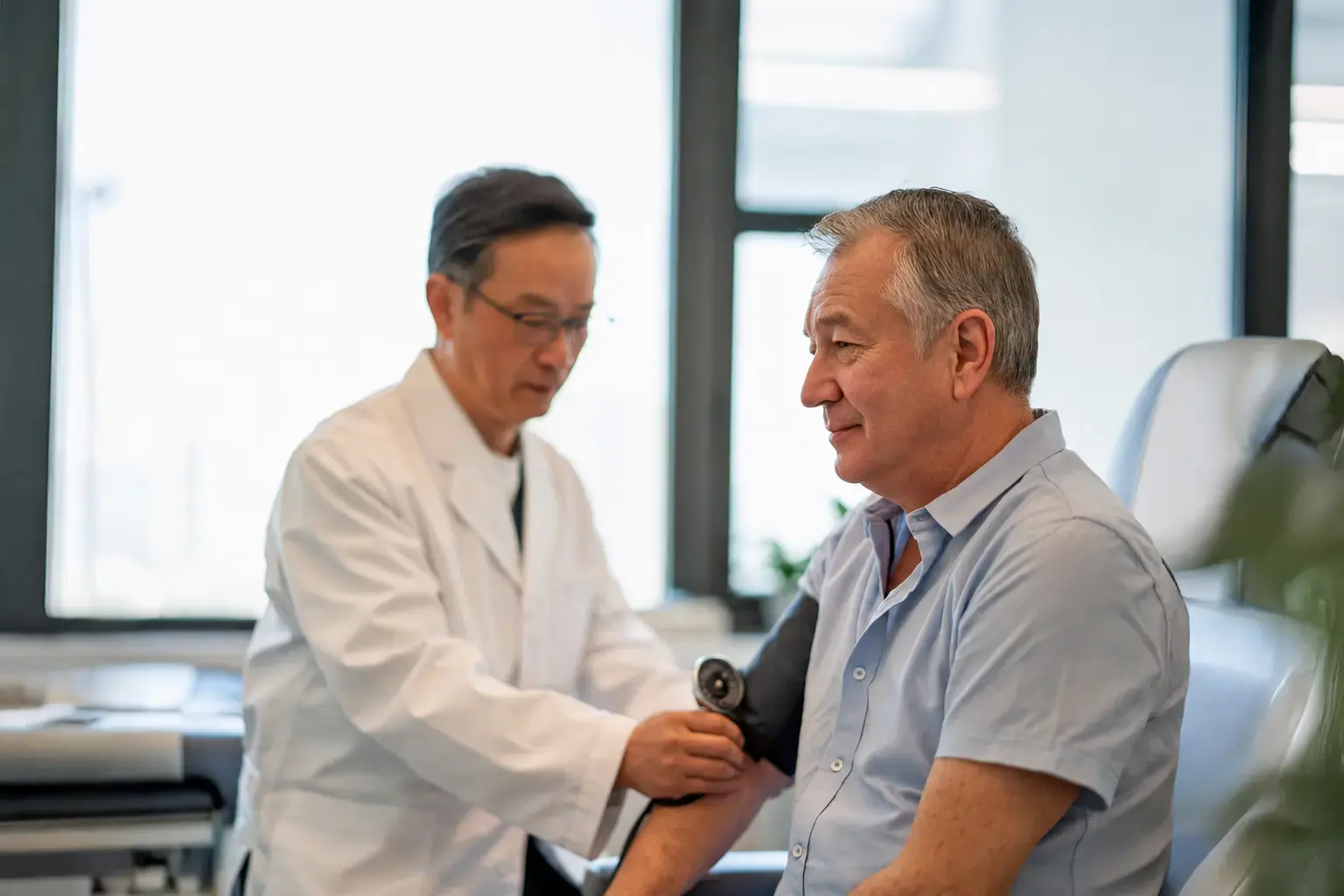 A doctor carrying out a blood pressure check during a physical examination.