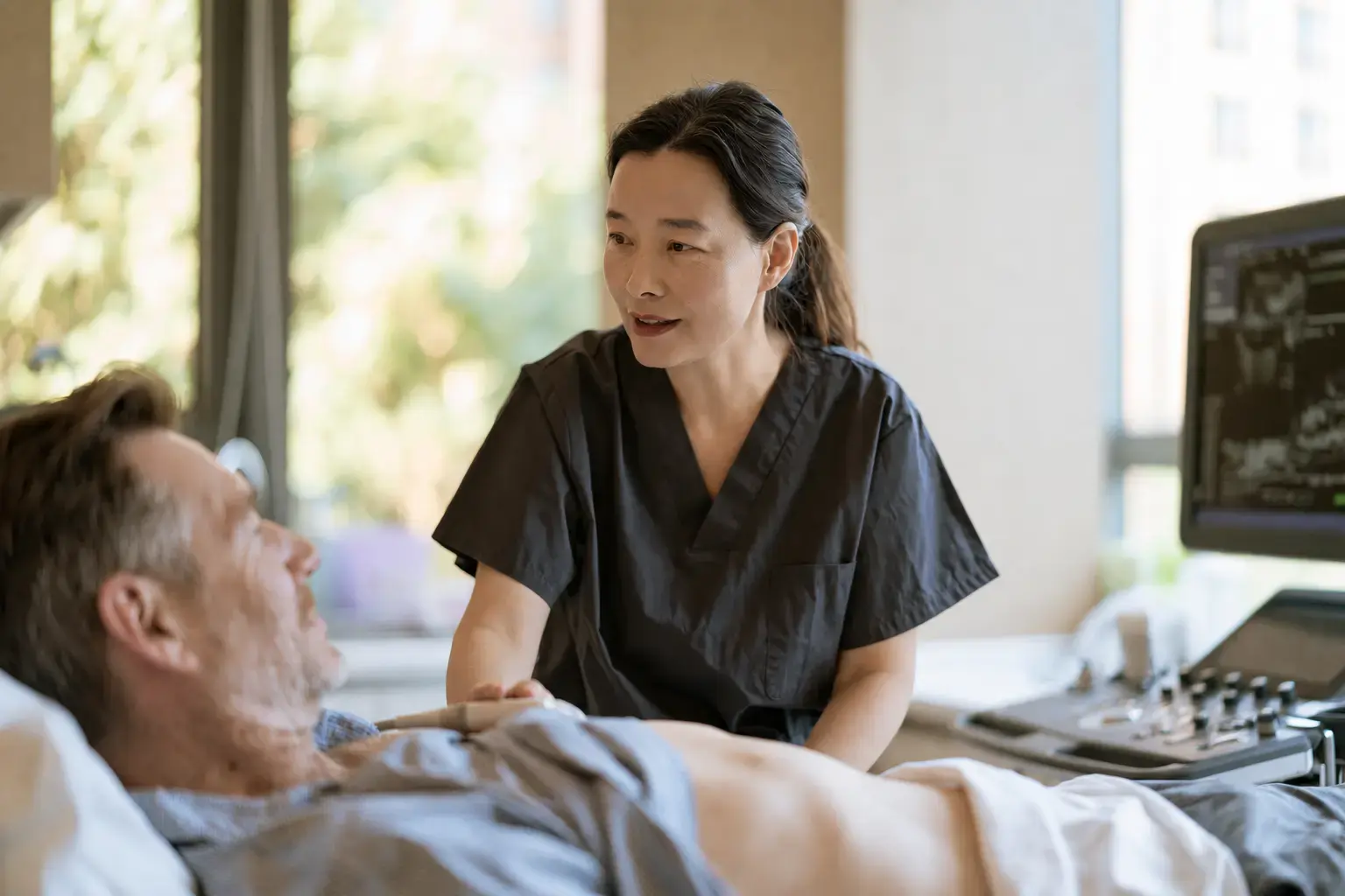 A clinician performing an abdominal ultrasound examination.